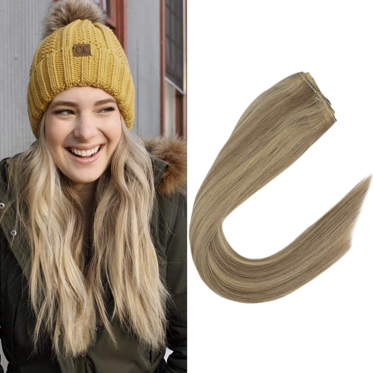 VeSunny 18inch Straight Fish Line Remy Human Hair Halo Extensions Color 16 Highlighted Color 22 Blonde 80 Gram Double Weft Halo in Extension