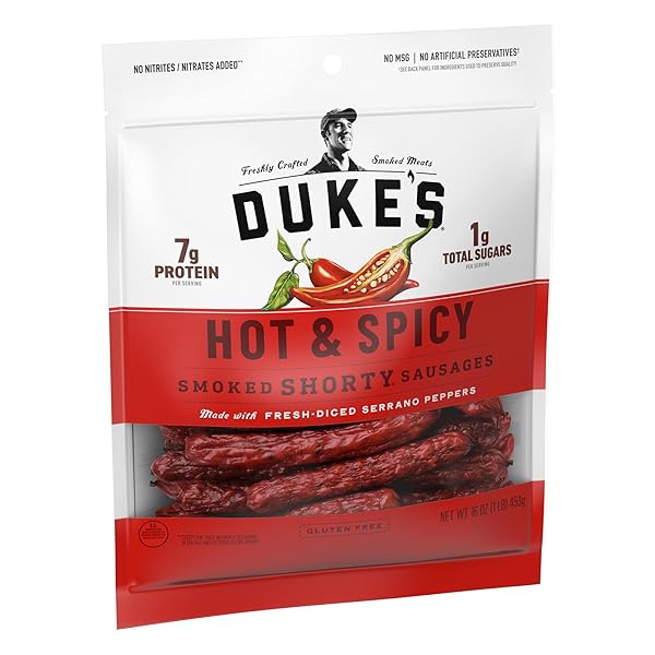 DUKE’S PORK HOT & SPICY SMOKED SHORTY SAUSAGES, 7G PROTEIN PER SERVING, 16 OZ.