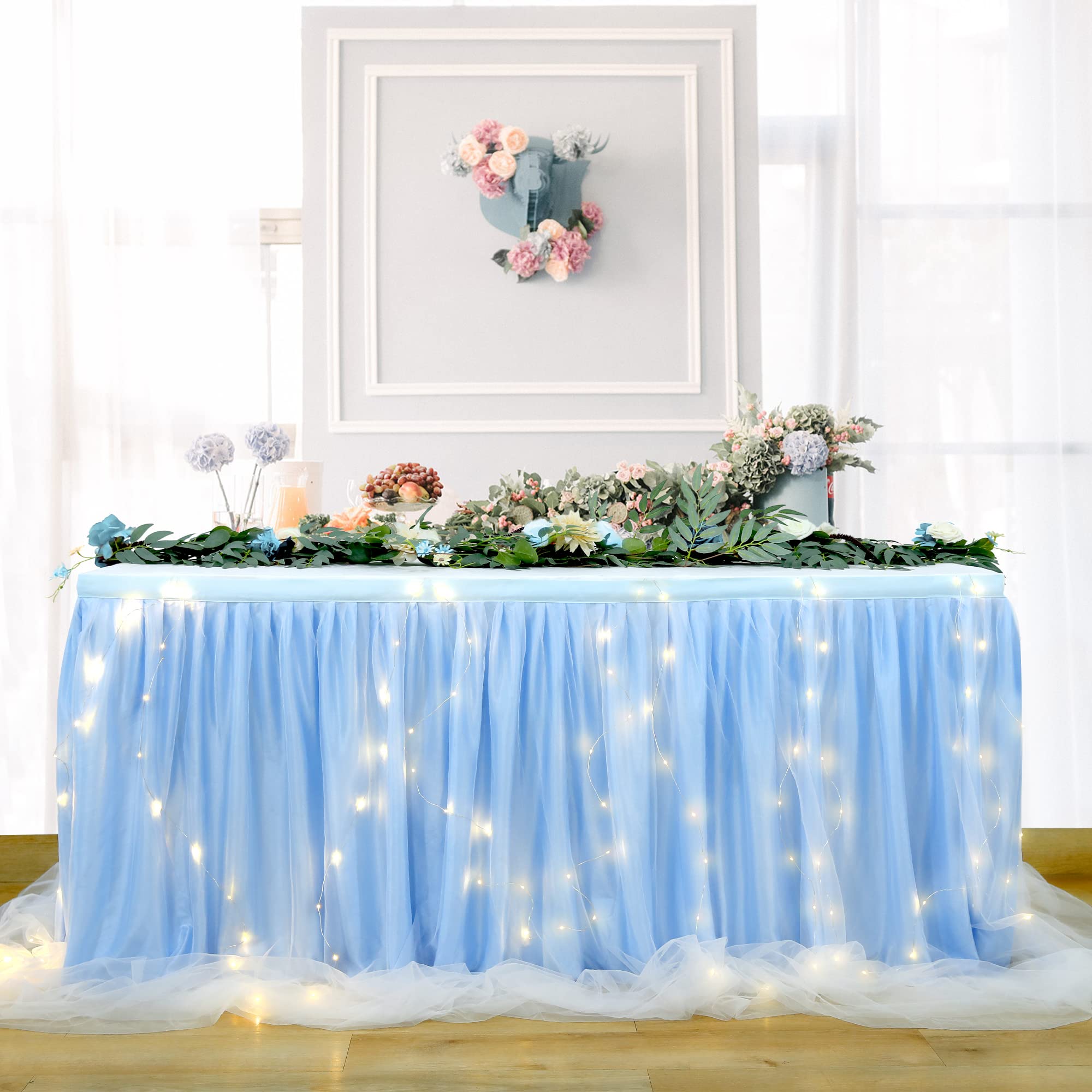 HBBMAGIC Blue 6ft Tulle Table Skirt LED Table Skirt Tutu Table Skirting for Rectangle or Round Table for Baby Shower Wedding and Birthday Party Decoration