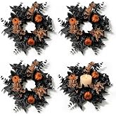 4 PCS Halloween Candle Rings Wreaths Artificial 3.5 Inch Black Maple Leaves Glitter Orange Pumpkin Candle Rings Mini Wreath for Pillar Candle Halloween Party Home Table Indoor Outdoor Decorations