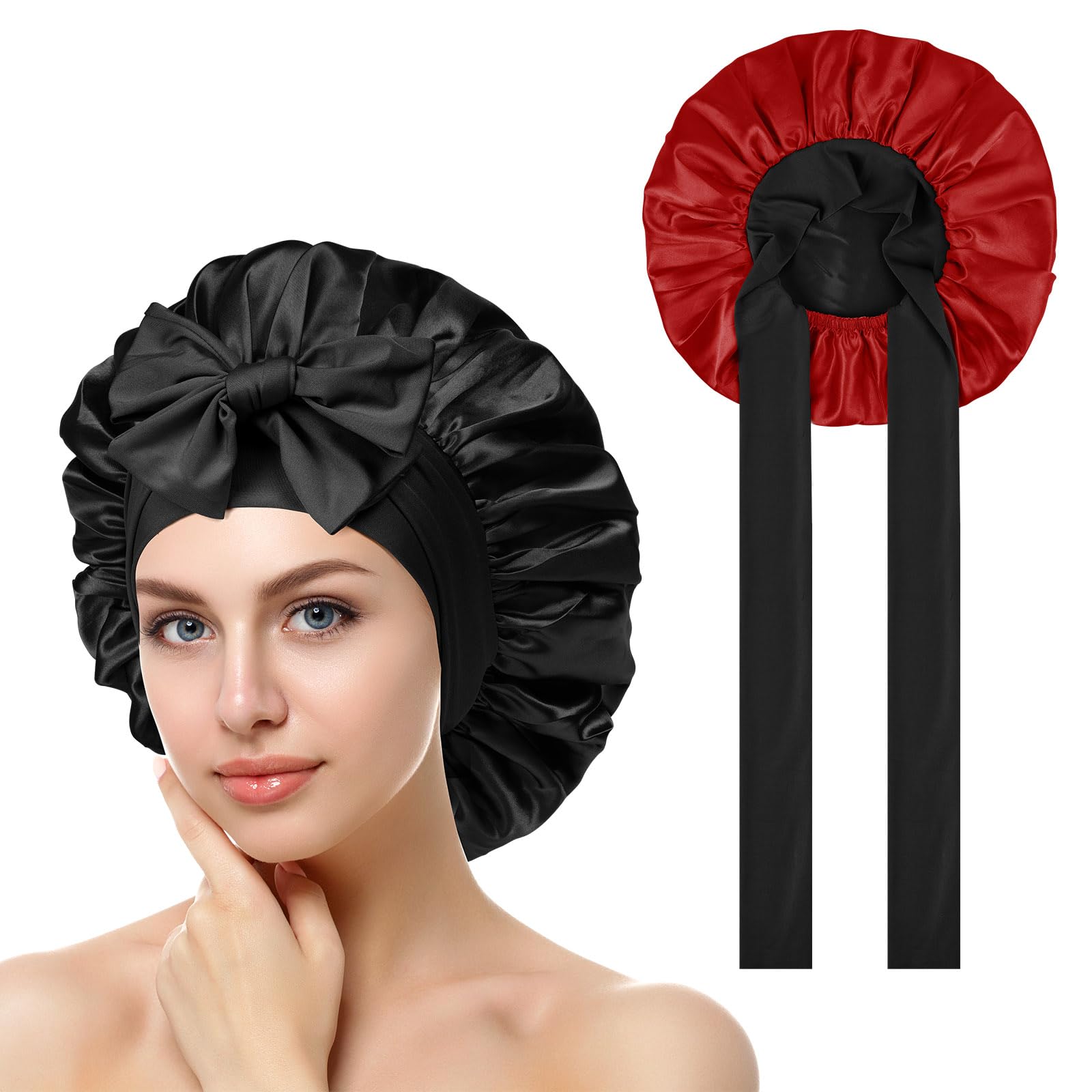 ACWOO Satin Caps for Sleeping, Adjustable Silk Cap, Double Layer Soft Satin Sleep Cap, Silk Sleep Caps with Wide Band for Women and Girls (Black)