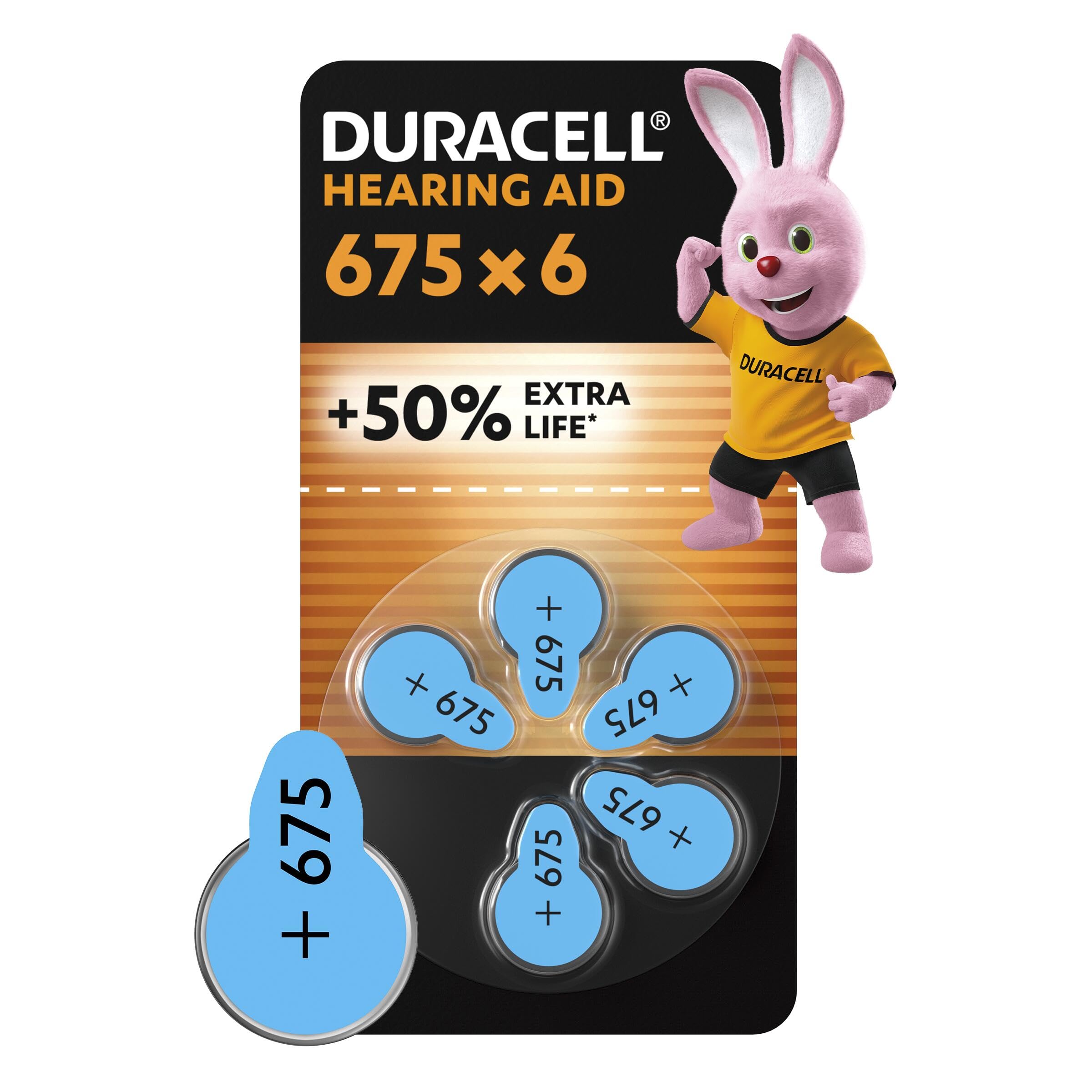Duracell size 675 Hearing Aids batteries (pack of 6) +50% Extra Life, Easy Installation, 100% recyclable packaging, guaranteed 4 years in storage