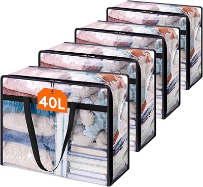 Lifewit 4 Pack Clear Plastic Storage Bags 40L Foldable Wardrobe Organizer
