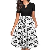 YATHON Women's Vintage Floral Flared A-Line Swing Casual Party Dresses with Pockets(YT018-Black WF P3,M)