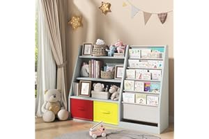 BAIJIALI 4 Tier Kids Wooden Bookshelf,5 Layer Sling Children Bookcase with 2 Drawers,Storage Book Rack,Book Toy Organizer Cabinet,for Kids Room,Playroom, Kindergarten,Nursery (Grey)