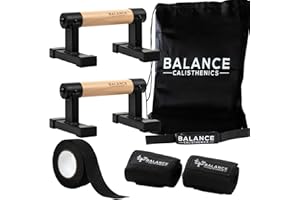 BALANCE CALISTHENICS Pro Metal Wooden Parallettes Push Up Bars Bundle With Bag, Grip Tape, Wristwraps, Paralettes, Strap | Dip Bar Handles 2pcs Paralette Handstand Non-Slip Base Exercise Handle For Floor Home Workout Equipment Parallel Handstand Dips Ergonomical Perfect Pushup (Pro (10inch))