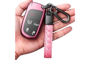 AUTOPHONE Compatible with Jeep Key Fob Cover with Leather Keychain Soft TPU Protection Key Case for Grand Cherokee Renegade Chrysler 200 300 Dodge RAM Durango Challenger Journey Dart Fiat Smart Key Pink