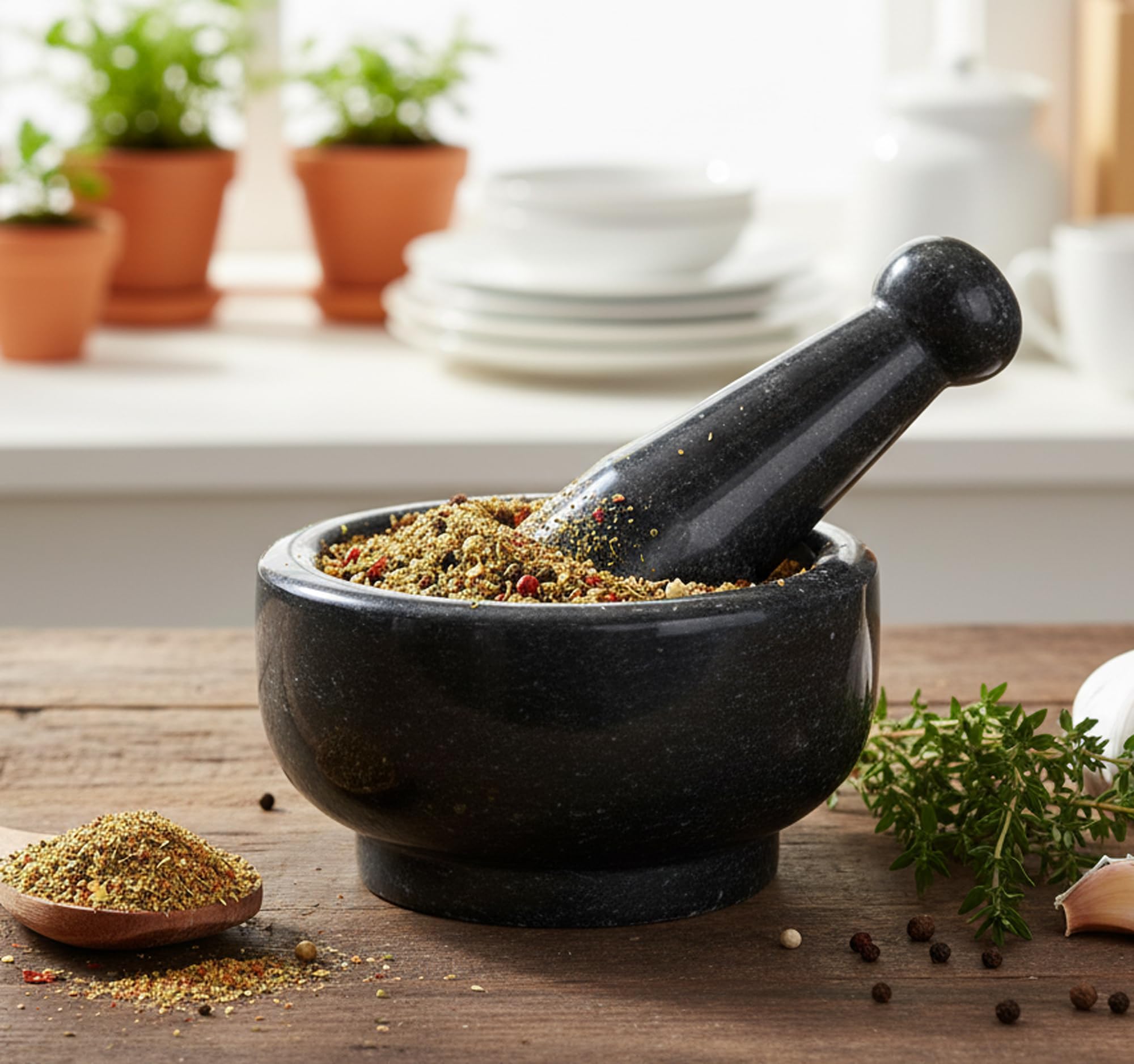 KLEO - 5" Diameter Natural Stone Mortar and Pestle Set as Spice Grinder, Medicine Masher - Okhli & Musal (Black)