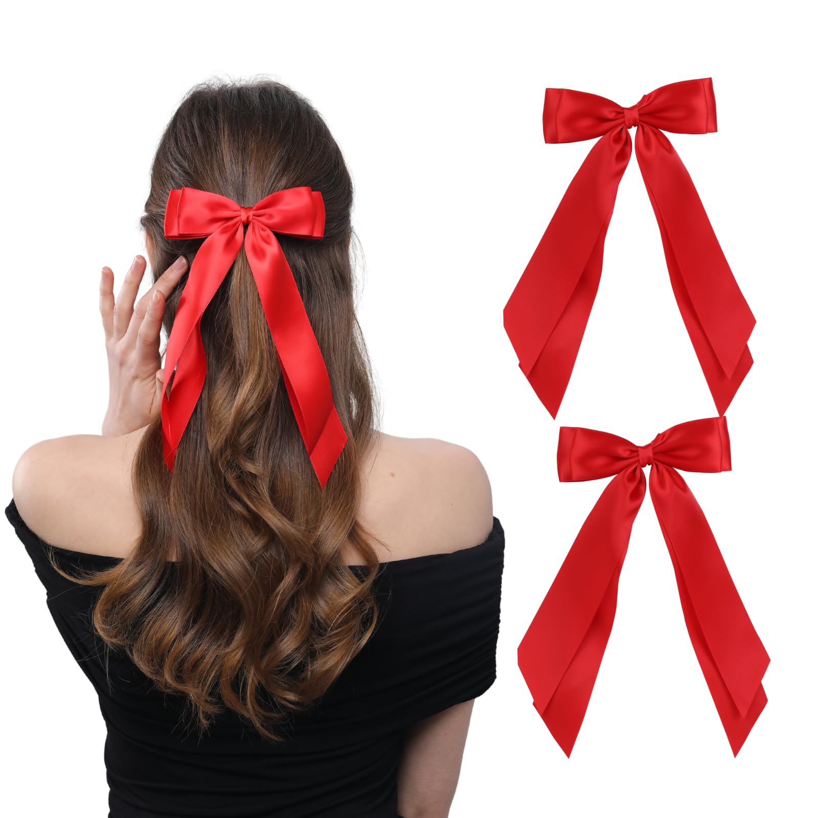 Photo 1 of LuSeren 2 PCS Double Layer Hair Bows Red Hair Ribbon Clips Ponytail Holder Accessories for Women Girls Toddlers Teens Kids