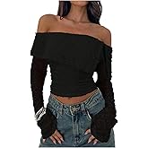 Milumia Women's Off The Shoulder Crop Top Sheer Long Sleeve Ruched Fitted Going Out Tee Tops