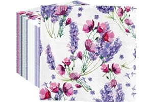 PAW - 100 Pack Floral Cocktail Napkins 5'' x 5'', Disposable Beverage Napkins with Lavender Motive, Violet Paper Towels for W