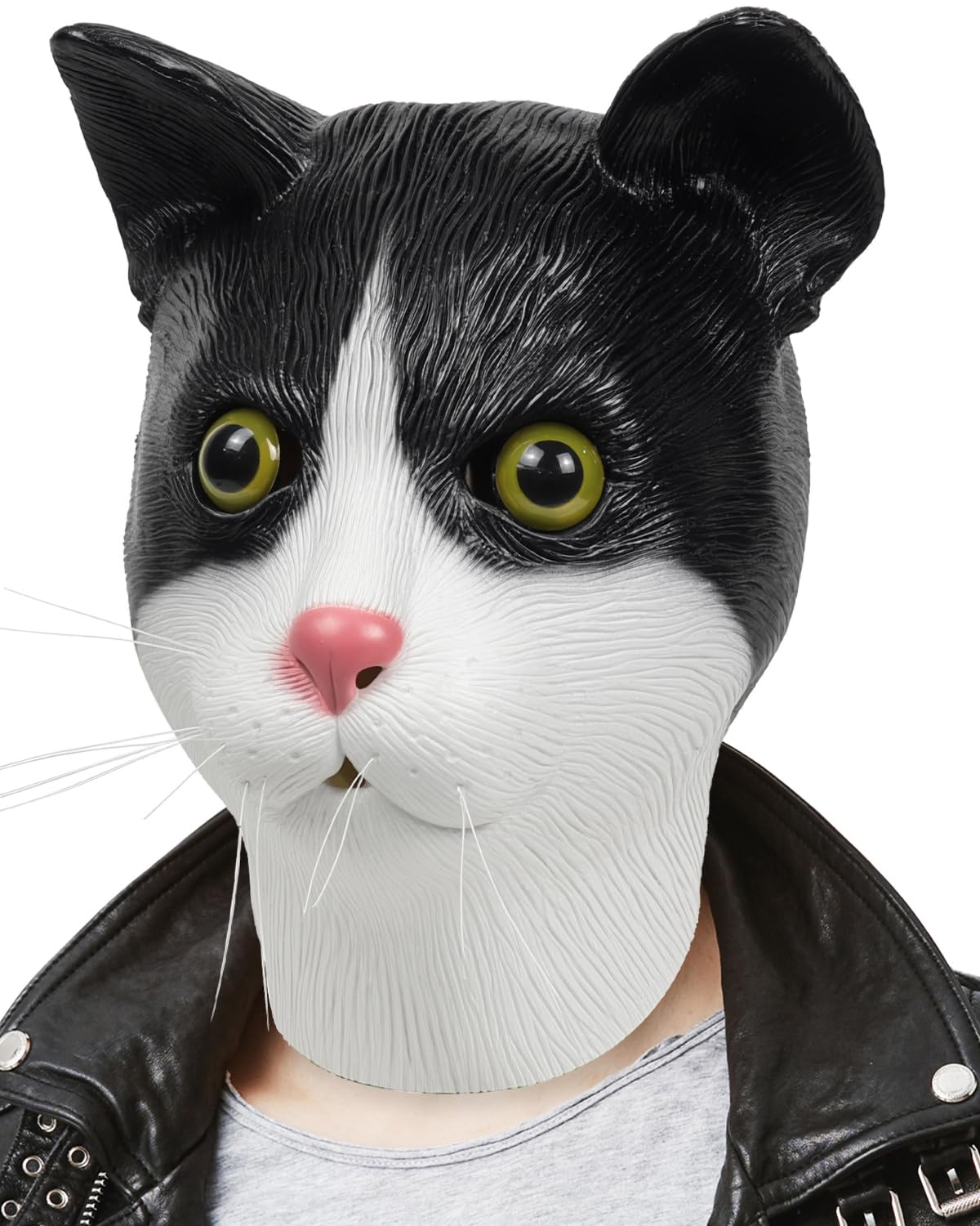 shayulajiao Realistic Full Head Cat Mask - Latex Halloween Costume for Adults, Cosplay, UK Carnival & Fancy Dress Parties One Size, Breathable(Black & White)