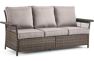 Bellefurn Patio Wicker Sofa 3-Seat Sofa Brown PE Rattan Couch with Water-Resistant Seat Back Cushions Resin Wicker Couch for Garden Balcony Backyard Deck Porch Sunroom, Sofa(1PC), Brown|Grey
