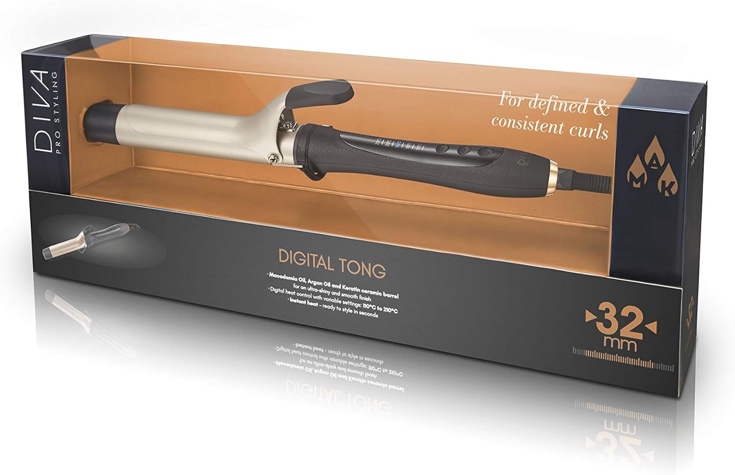 Diva Pro Styling Digital Tong with Macadamia Argan Oil and Keratin Infused Ceramic Barrel, 800 g, PRO312, Black, 32mm - Image 3