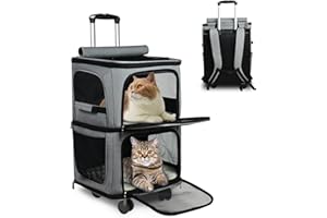 GJEASE Double-Compartment Pet Dog Rolling CarrierBackpack with Wheels,Cat Carrier for 2 Cats,Super Ventilated Design,Ideal for Traveling/Hiking/Camping