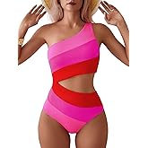 TASHEHE Women's One Shoulder One Piece Swimsuit Sexy Neon Color Block Bathing Suit Modest Full Coverage Cutout Swimwear