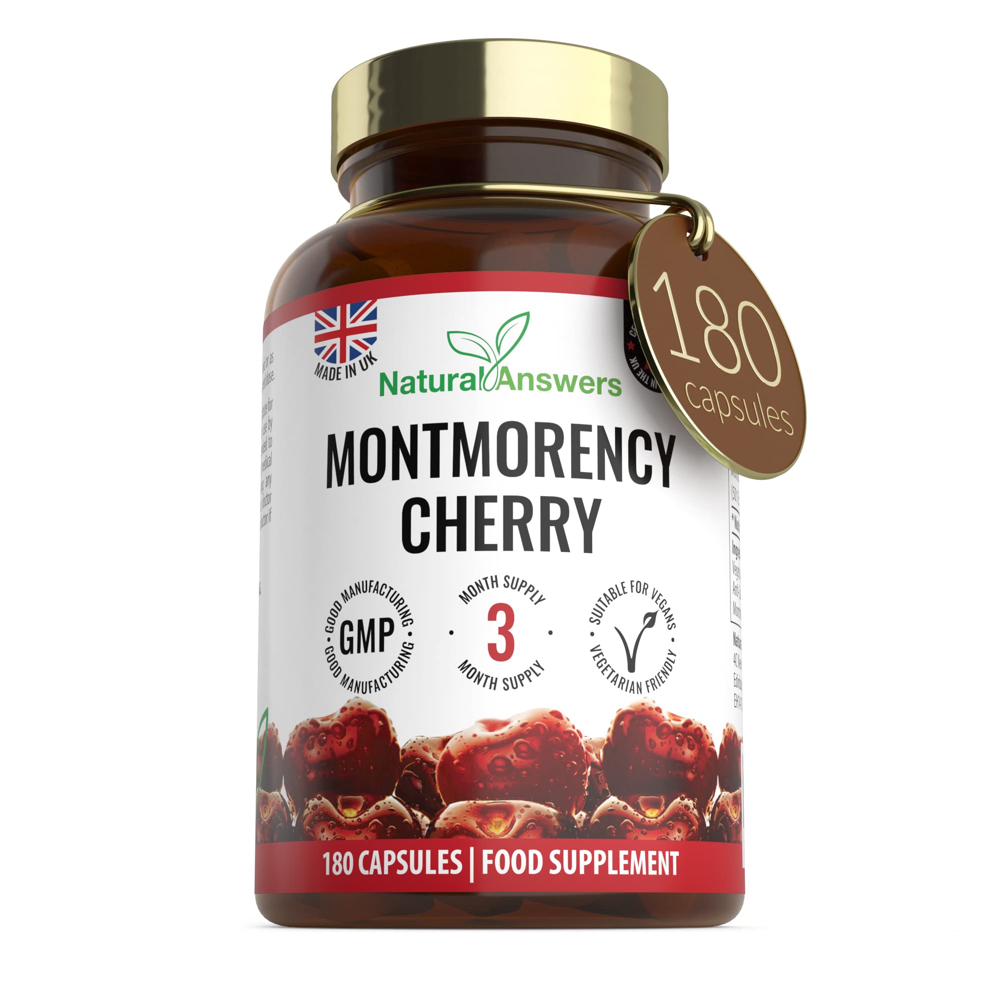 180 Montmorency Cherry Vegan Friendly Capsules, High Strength 1100mg Montmorency Cherries, UK Manufactured to GMP Standards by Natural Answers