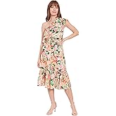 London Times One Shoulder Ruffle Midi Womens A-line Self Tie Waist Belt Tiered Hem Lightweight Woven Cocktail Dress