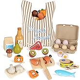Lehoo Castle Wooden Play Food Toys, Kids Play Kitchen Accessories Toddler Cutting Fruits Vegetables Toy with Shopping Bag, Pr