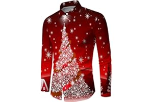 Men's Christmas Shirts Long Sleeve Button Down Dress Shirts Funny Xmas Printed Casual Loose Fit Holiday Party Tops