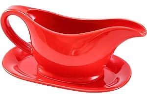 Bruntmor 11 Oz Red Ceramic Gravy Boat With Tray, 11 Ounce Small Ceramic Serving Dish, Dispenser with Tray For Sauces, Gravy Boats With Saucer For Dinner