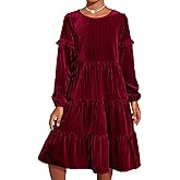 Arshiner Girls Velvet Tiered Dress Long Sleeve Crew Neck Elegant Tween Twirly Dresses for 6-13 Years