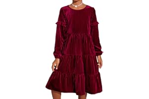 Arshiner Girls Velvet Tiered Dress Long Sleeve Crew Neck Elegant Tween Twirly Dresses for 6-13 Years