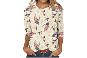 HUNENY American Flag Shirt Women 4th of July Star Striped Print 3/4 Length Sleeve Crewneck Patriotic Shirts Holiday Tops