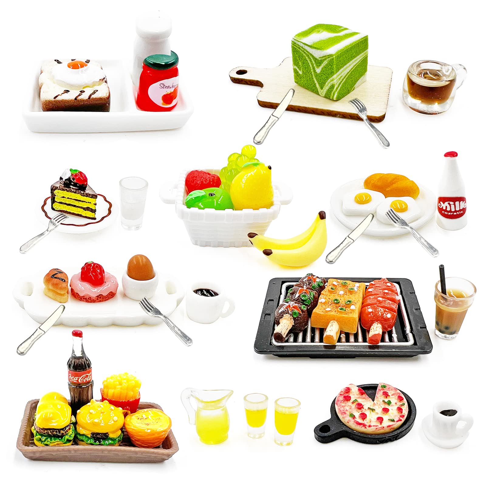 Photo 1 of 10 Set 50 Pieces Miniature Food Fits Doll Accessories Mini Drink Milk Hamburger Fries Cola Juice Plate Knife Fork Spoon Dessert Cake BBQ Milk Tea Fruit Fast Set Pretend Kitchen Play Toys Dollhouse