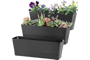 Sanbege Window Box Planter with Tray, 12" Rectangle Plant Pot, Pack of 3 (Black)