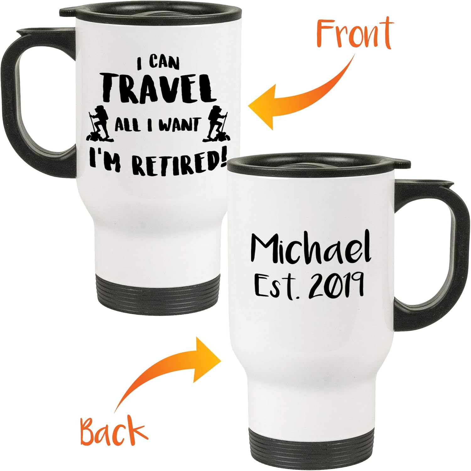 Amazon Com Personalized I M Retired Travel Mug Retirement Gifts For Men And Women 14oz Insulated Mug With Lid White Kitchen Dining