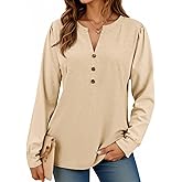 Cicy Bell Womens Puff Long Sleeve Henley Shirts Trendy Casual V Neck Button Up Tunic Tops Loose Fit Basic Tees