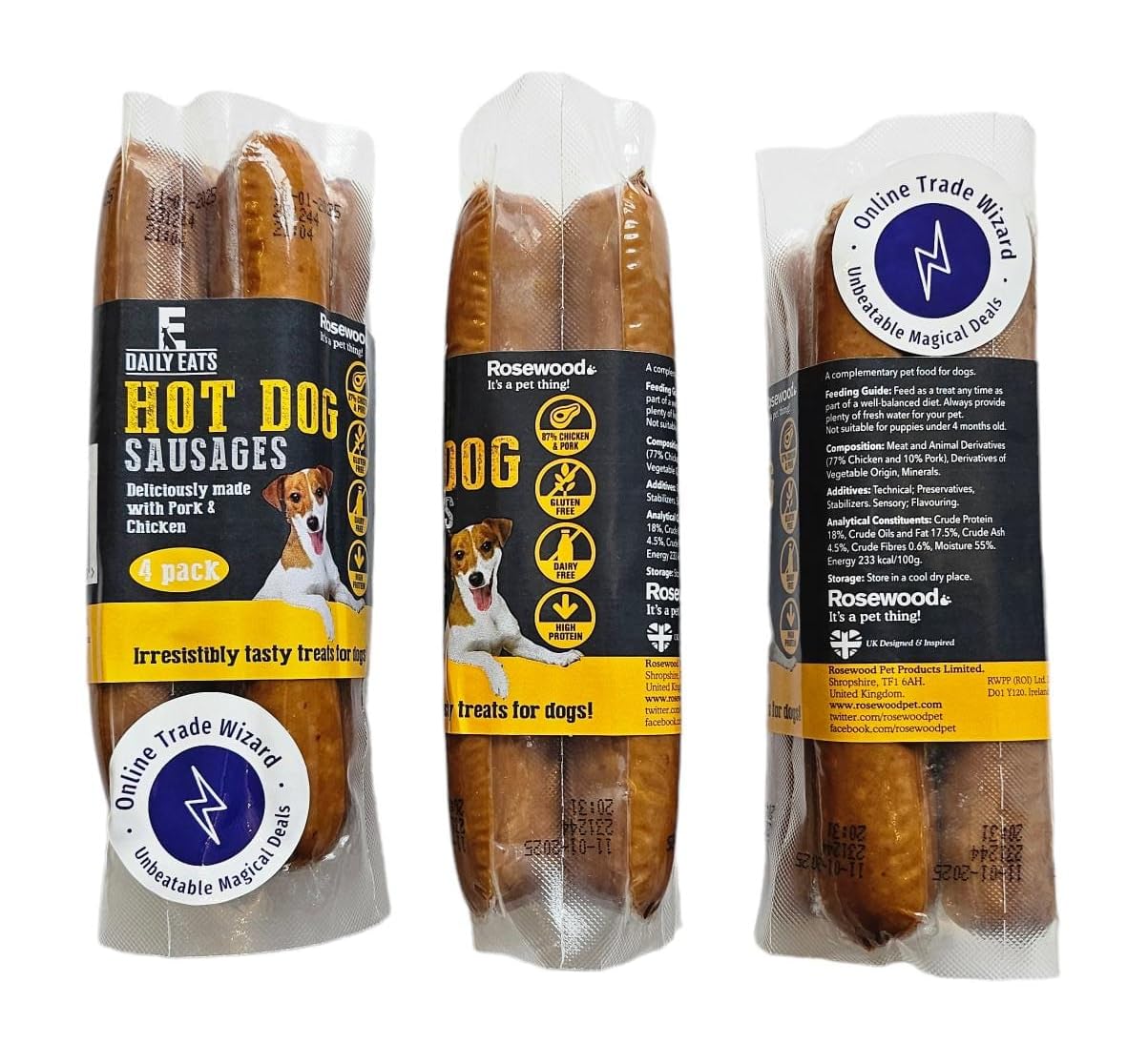 Online Trade Wizard Treats for Dogs | Rosewood Daily Eats 3 x 220g - 4 pack Hot Dog Sausages Multipack | Real High Meat Content