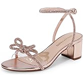 DREAM PAIRS Women's Double Bowknots Crystal Sandals Low Chunky Heels Clear Slingback Dress Shoes for Wedding Bridal Party