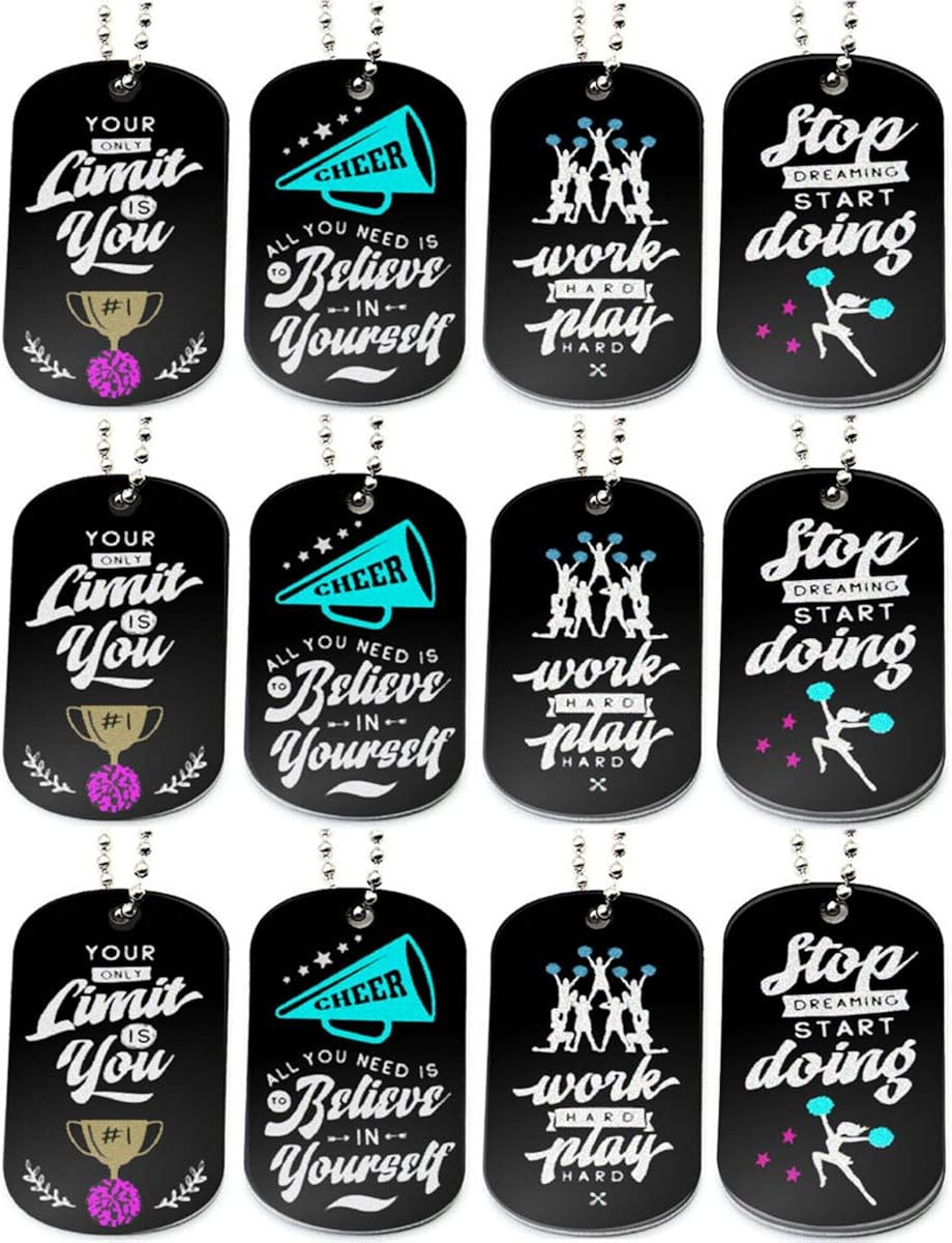 (12-Pack) Cheerleading Dog Tag Necklaces with Inspirational Quotes - Wholesale Bulk Pack of Necklaces for Cheerleading Party Favors and Supplies - Cheer Squad Gifts for Girls Women Cheerleaders: Clothing