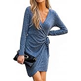 CUPSHE Women's Knit Dress Long Sleeve Wrap V Neck Waist Tie Bodycon Mini Sweater Dress