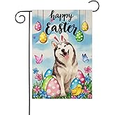 HILILIAN Happy Easter Husky Garden Flag 12x18 Inch Double Sided Dog Easter Eggs Flowers Yard Outside Decorations Pet Lover Gift, Spring Outdoor Small Burlap Home Decor(13310)