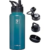 Fanhaw 32 oz Insulated Water Bottle – Portable Stainless Steel Flask with 3 Lids (Straw, Spout, Carabiner) | Leakproof, for Gym, Hiking, Work, Travel & Everyday Use (Green Blue)