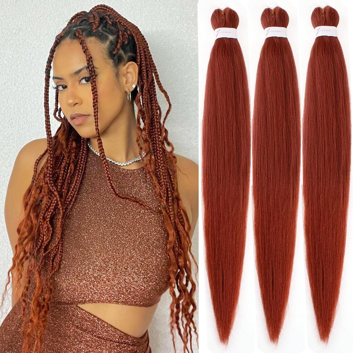 Leeven 3 Packs Copper Red Pre Stretched Braiding Hair 26 Inch Yaki Straight EZ Braiding Crochet Braids for Box Braids Ginger Braiding Hair Extensions /26 Inch 350# โ image 1