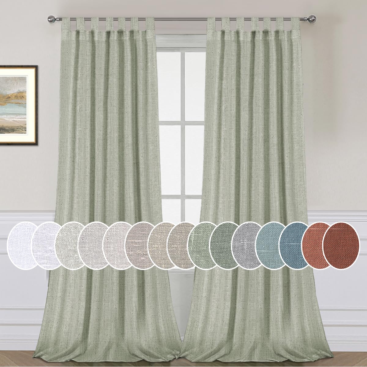 Photo 1 of H.VERSAILTEX Tab Top Natural Linen Blended Airy Curtains for Living Room Home Decor Soft Rich Material Light Filtering Bedroom Drape Panels, Set of 2, 52 x 84 -Inch - Sage Pattern
