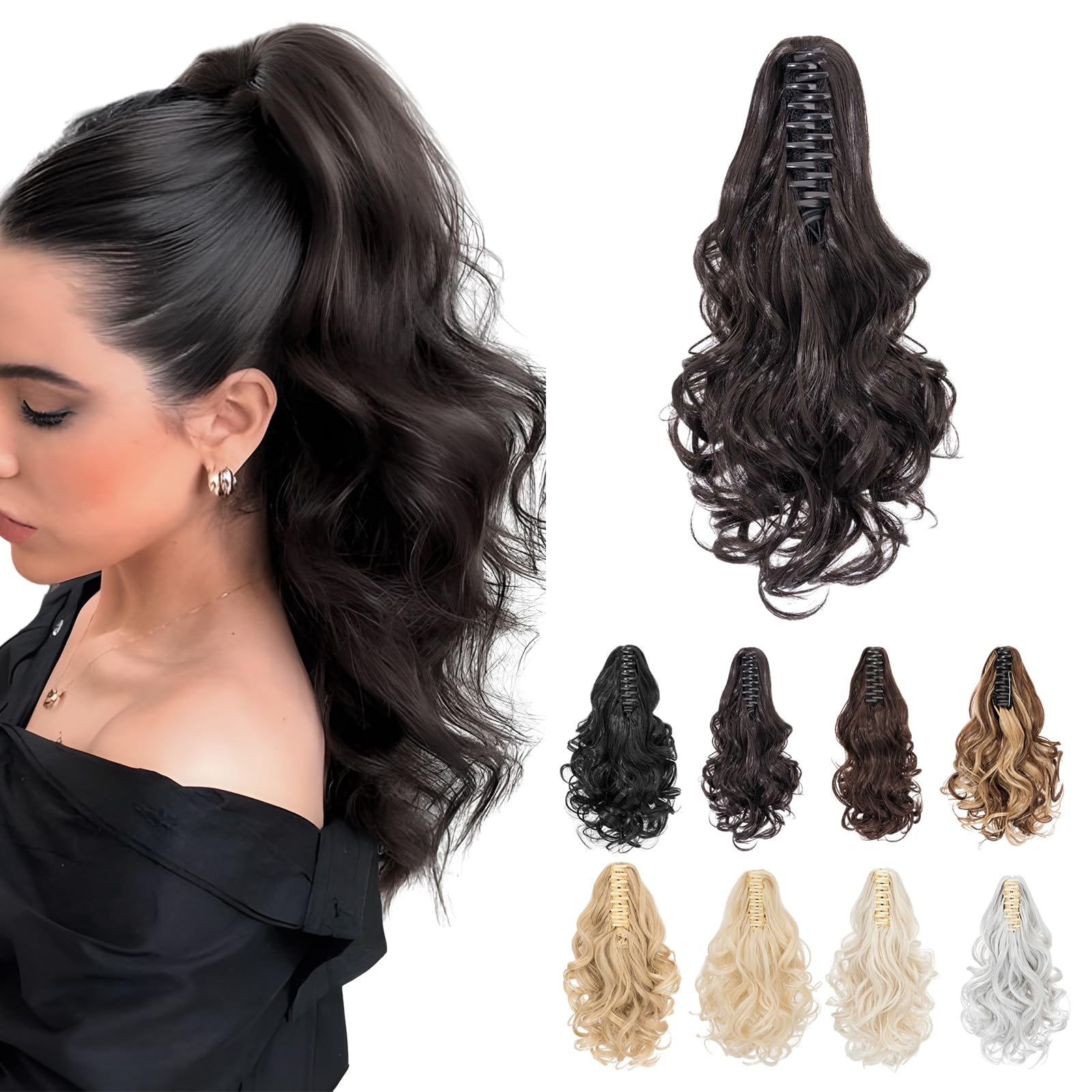 Ponytail Extension, MY-LADY Claw Clip in Ponytail Hair Extensions 14 Inch Short Curly Ponytail Natural Wavy Synthetic Hairpiece for Women,Dark Brown — image 1