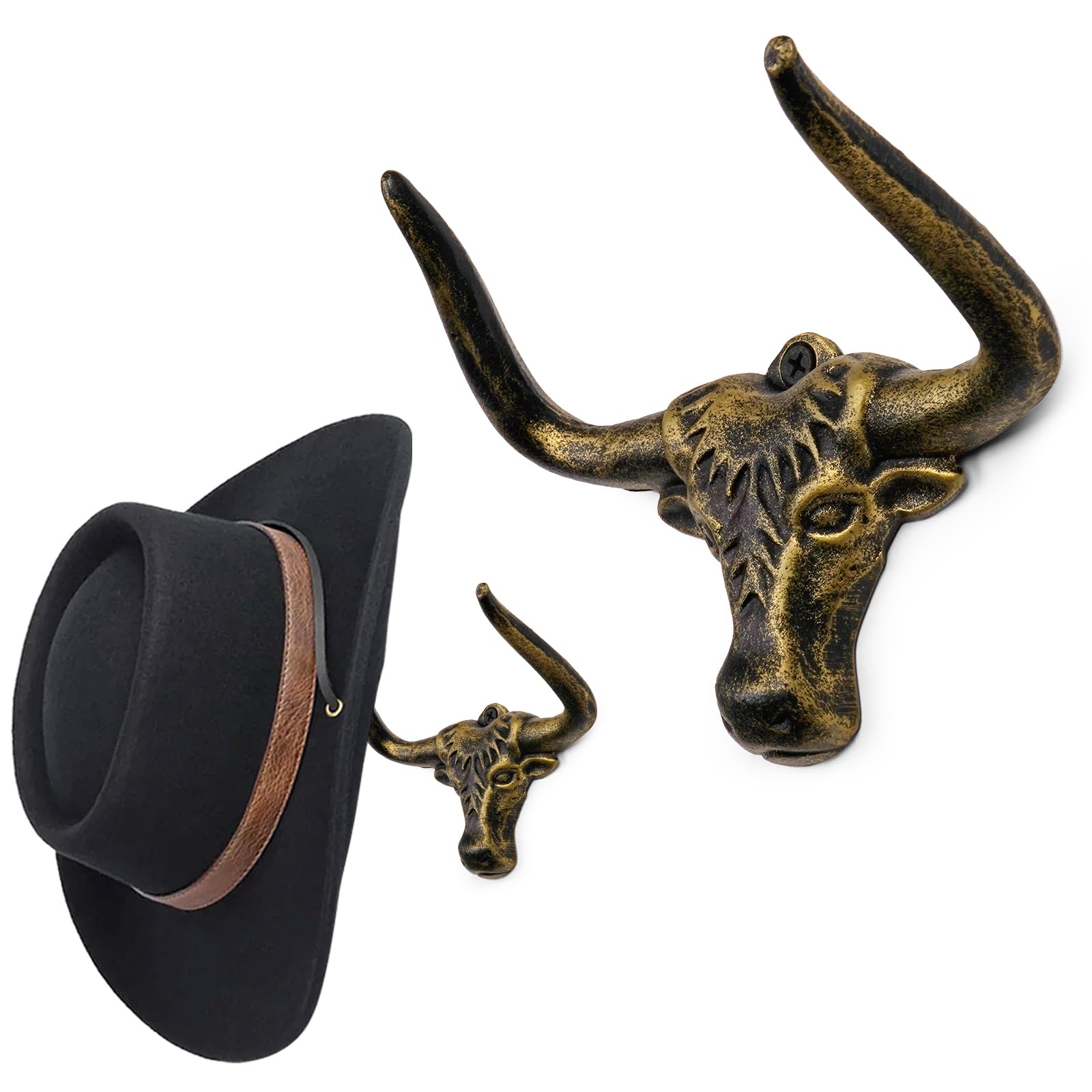 Photo 1 of Cowboy Hat Hooks for Wall 2 Pack Bull Head Metal Cowboy Hat Holder Rack Cast Iron Hanger Western Longhorn Hooks Storage Gold Wall Decor Animal Hooks for Closet Bedroom Living Room Western Gifts