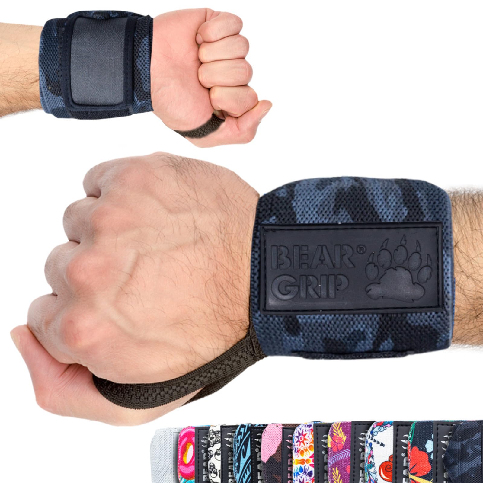 BEAR GRIP SPECIAL EDITION Premium weight lifting wrist support wraps (BLACK-CAMO, 18 Inches)