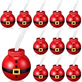 Sliner 12 Pcs Christmas Santa Bulb Cups with Lid and Straw 12 oz Reusable Plastic Ball Cups Refillable Santa Claus Christmas Tumblers for Gift Holiday Party Decorations