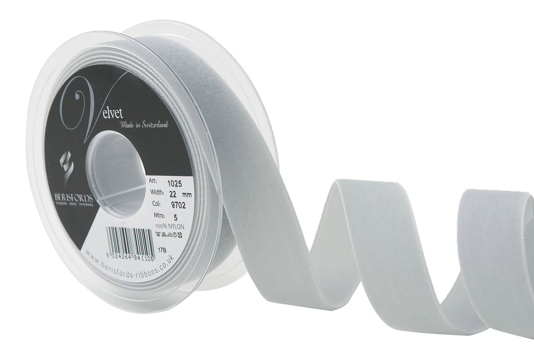 Berisfords Velvet Ribbon, Silver, 102 x 30 x 102 cm