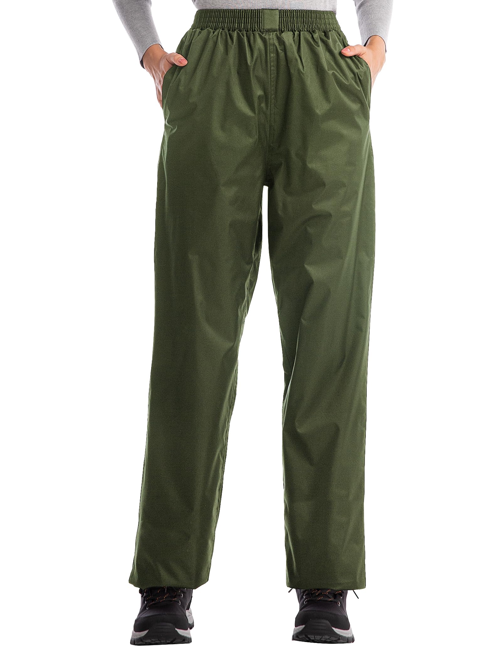 Photo 1 of (BAGGED) (LARGE) iCreek Women's Rain Pants Waterproof Hiking Pants Windproof Lightweight Over Pants Work Rain Outdoor for Golf, Fishing (Army Green, Large/31 Inseam)