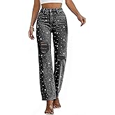 LifeShe Women Pearl Jeans Ripped Distressed Denim Pants High Waist Trousers