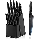 E-far Knife Set with Block, 15 Pieces Kitchen Knife Block Set with Sharpener, High Carbon Stainless Steel Sharp Chef Knife Set with Ergonomic Handles, Anti Rust, Black