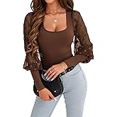 miduo Womens Tops Square Neck Polka Dot Balloon Long Sleeve Top Shirts Slim Knit Ribbed Tops Blouses