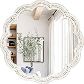 UPPER DECOR 24 Inch Round Wall Mirror, Whitewashed Wooden Frame with Scalloped Edge &amp; Beaded Trim, Decorative Farmhouse Boho Mirror for Bedroom, Bathroom, Living Room, Entryway